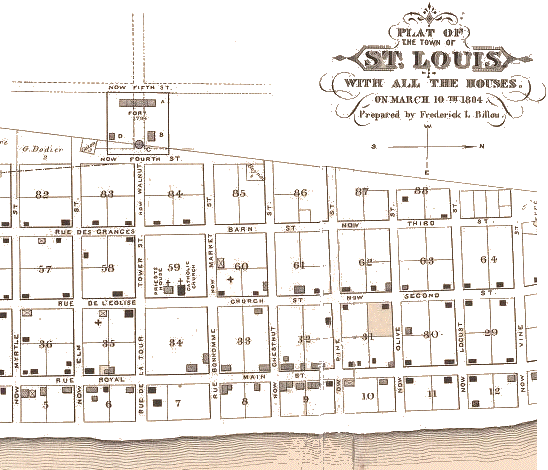 Plat of the Town of St Louis with all the houses. On March 10th, 1804. Prepared by Frederick L. Billou.